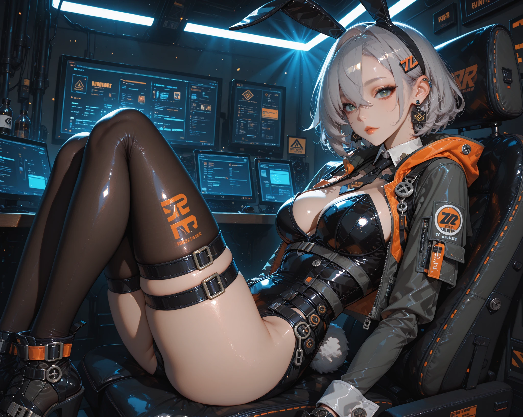 ((masterpiece, Highest quality, Extremely detailed CG, unity 8k wallpaper )),(masterpiece, Highest quality, Highest quality, Official Art, beautiful,aesthetic:1.2)Cyborg Girl, Sitting in a machine chair, The tube is stretched, cyber punk, Cracked skin,Hydraulic cylinder,Servomotor,Manipulator,Colorful light,neon,headphone,Prosthetic arm,sf,Ball joints,Clean and spacious laboratory