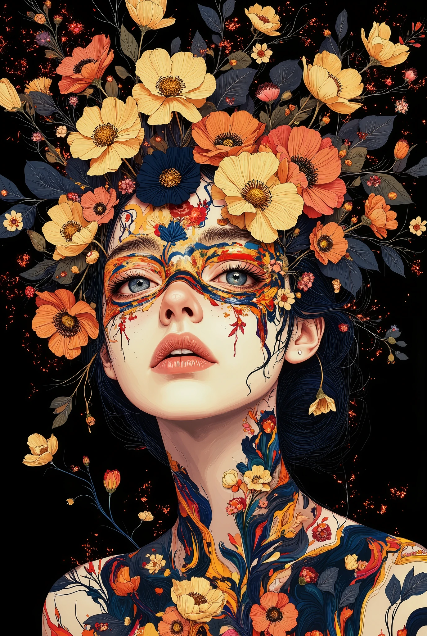 (abstract art), fractal art, psychedelic art, 1 girl, hair ornaments, Masterpiece, Highest quality, ultra high resolution, award winning art, very detailed, beautifully, beautiful, lots of flowers, corolla, colorful, surrealism, high detail, 4K, masterpiece.
