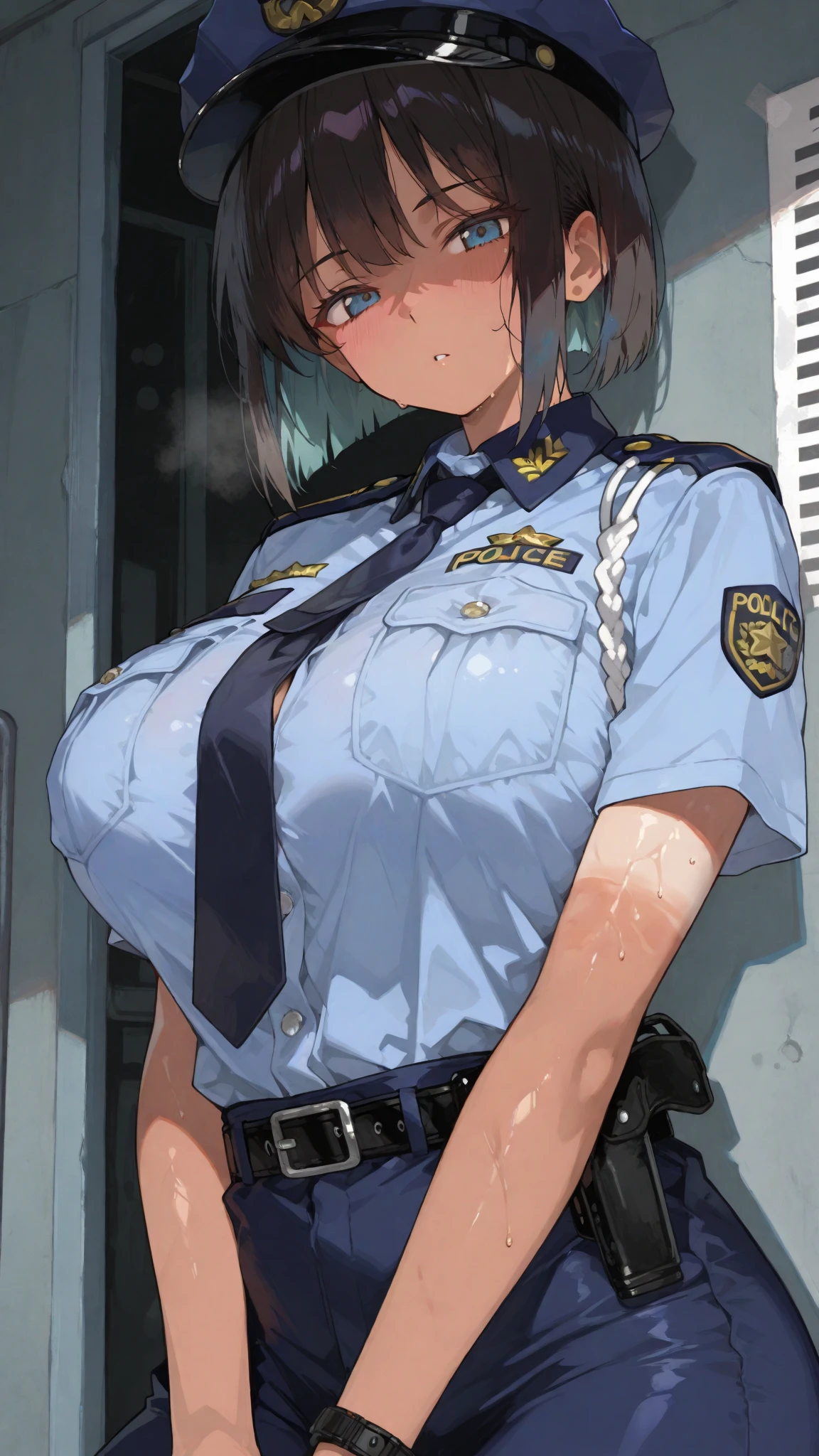 masterpiece, best quality, 1girl, solo, breasts, thighhighs, blue-eyes,, (huge-breasts), gloves, boots, black-hair,, sideboob, garter-straps, purple-thighhighs, skirt,curvy, thighs, full-body, simple-background, miniskirt, looking-at-viewer, cleavage, ((nup, police officer)),(mouth mask),(eye glass),
(nsfw),((cum on breasts)),(nipple),steam,
