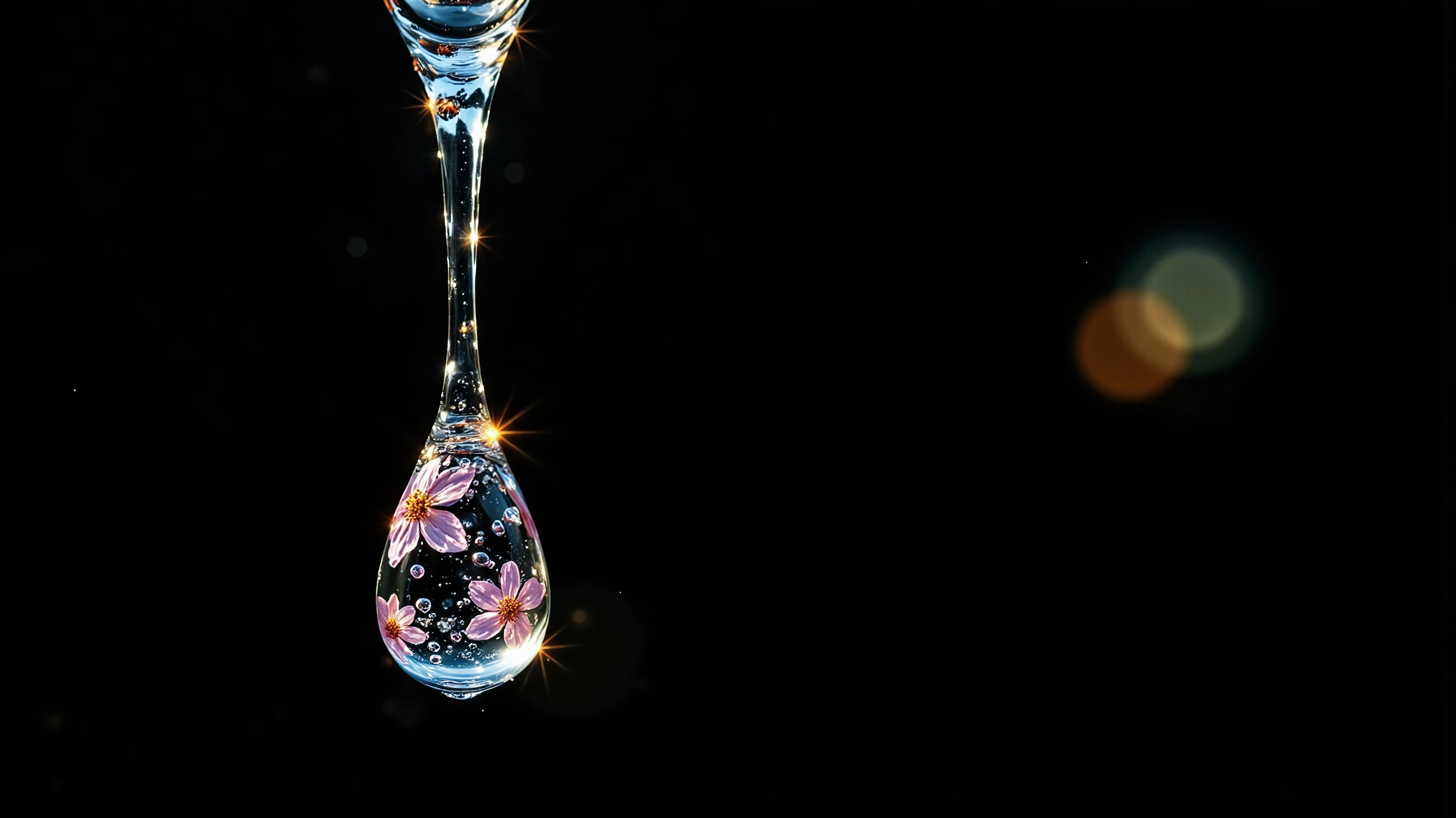 A macro art of microscopic image of a droplet of water. Simple black background. Blooming Sakura flowers reflection on the droplets of water