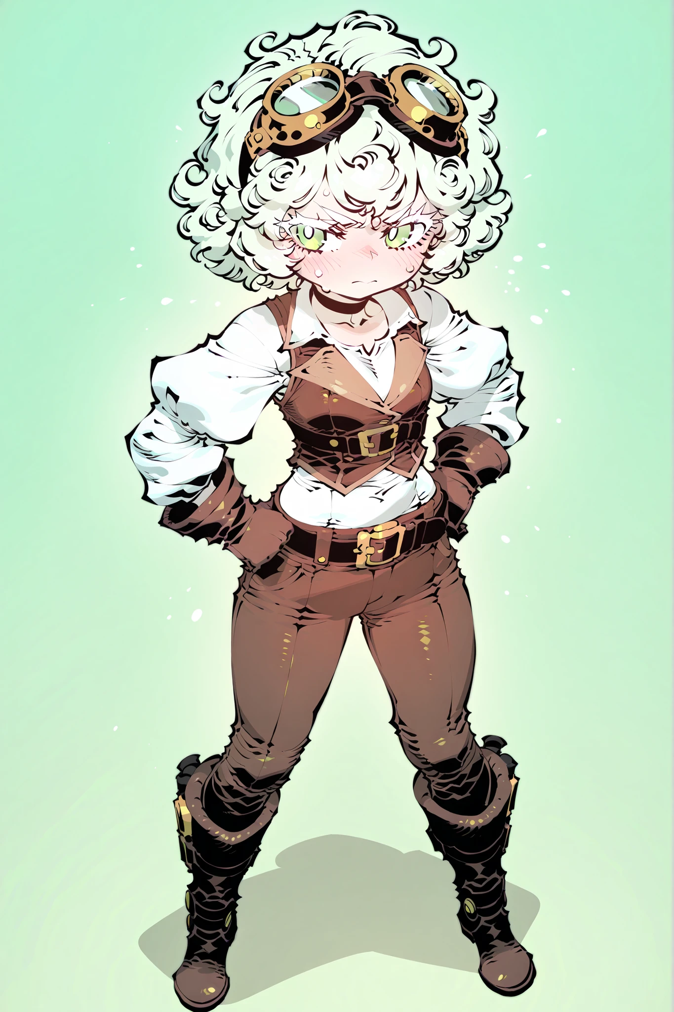 Tiny Loli,long white messy curly hair,white eyelashes,curvy body,small breasts,light green eyes,simple flat green background,top view,full body,soft body,serious expreesion,shy,angry look,eyes looking to right,ssambatea artstyle,black pupils,highly detailed eyebrows,smooth skin,blush,shirt,gloves,standing,white shirt, boots,choker,brown pants,belt,brown gloves,brown vest,puffy sleeves, puffy,puffy shoulders, right hand on hip,goggles,goggles on head,steampunk