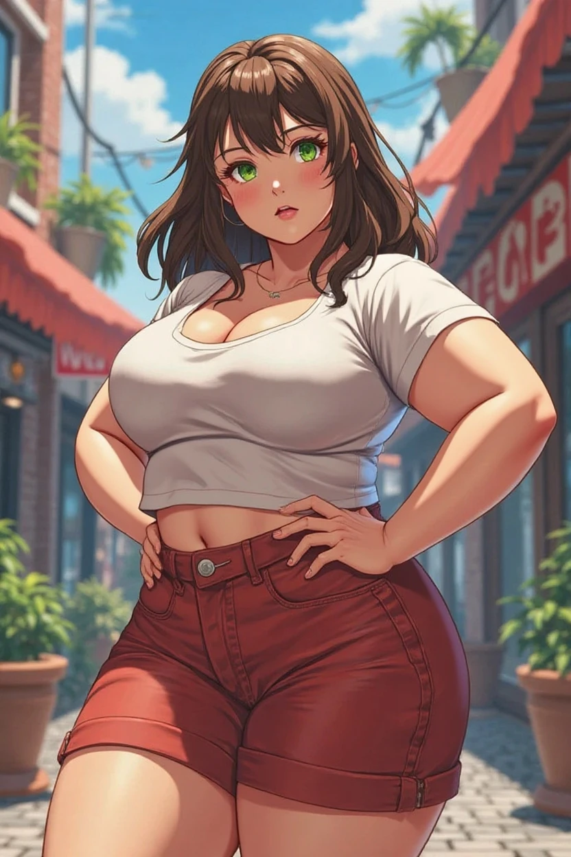 masterpiece, high quality, best quality, beautiful, hd, perfect lighting, detailed face, detailed body, 1 woman, solo, (Brown curly long hair), blue eyes, big breasts, cleavage, perky breasts, wide hips, thick thighs, (chubby), ((chubby belly)), muffin top, belly hang, (white crop top), covered, short shorts, (tight shorts), (blush), smile, (morning), street in the background, sexy pose,