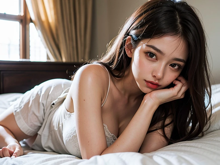 best qualtiy，tmasterpiece，超高分辨率，（photograph realistic：1.4），1个Giant Breast Girl，looking at viewert，Wear oversized off-the-shoulder summer underwear，Famous Korean actress，is very beautiful，kawaii，cinematic ligh，35mm lens，f / 1。8、emphasis lighting，8K，In luxury hotels  ，Long-range shots，The whole person is in the picture，Lie down in bed