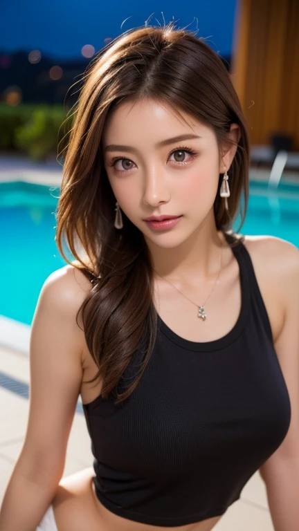 ((Photorealistic lighting, highest quality, 8k, masterpiece:1.3)), sharp focus:1.2, viewer discretion advised (New South Wales) (New South Wales) (New South Wales):1.2, ((realistic)), ((genuine light, highest quality)), model physique:1.4, (dark brown hair, chest out:1.2), short hair, single woman, low angle view, setting, (25 years old:1.3), very detailed face, detailed eyes, double eyelids, necklace, wristband, eyeliner, colorful bikini, a situation that makes men’s hearts race, (large), (black dress), (seaside, beach, sandy shore)