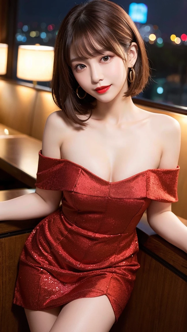 Beautiful young girl, short hair, bangs, blonde, beautiful eyes, beautiful face, looking to the viewer, (cute-smiling), raw photo, 8k, high detailed, ((in the hotel balcon:1.3)), ((red satin dress)), ((big boobs)), (showing her thighs), ((cammel toe)), pale lips, white skin, textured skin, (high detailed skin), ((detailed-fingers)), detailed fingers, big boobs, ((seductive poses)), perfect body, perfect face, (blurry background), midnight, (pretty girl), earrings, bracelets, necklace, (pale skin), face forward, rooftop, dim lights, ((night)), cityscape, satin dress, sexy dress, nude dress