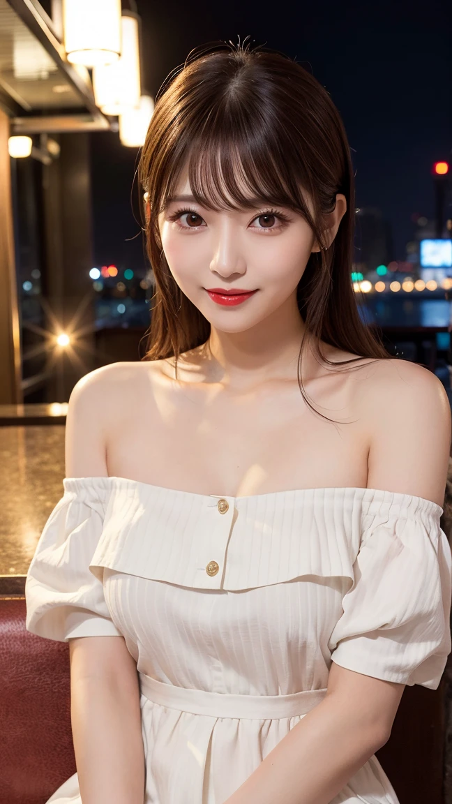 ((Dark interior with eye-catching neon lights、No window、Alcohol is displayed、Dark Room:1))(Photorealistic)、(Ultra-high realism)、(Ultra-high resolution)、(Ultra-high resolution)、((Cute Smile)) (、Very cute face, )、(Smooth Skin、Realistic texture)(Glitter、Realistic eyes)(Brown Hair、Moisturized hair、Shiny beautiful hair、Short Bob、Hair behind the ear、Very fine hair)、Beautiful breasts、Beautiful breastsの谷間、Narrow waist、narrow、Big Ass、(Black short sleeve lace top、Micro Mini)((Neon tube background))、bar counter、Sitting on the couch、Lift your legs(Erotic and bold gravure poses))、((Full body shot up to the ankles))、