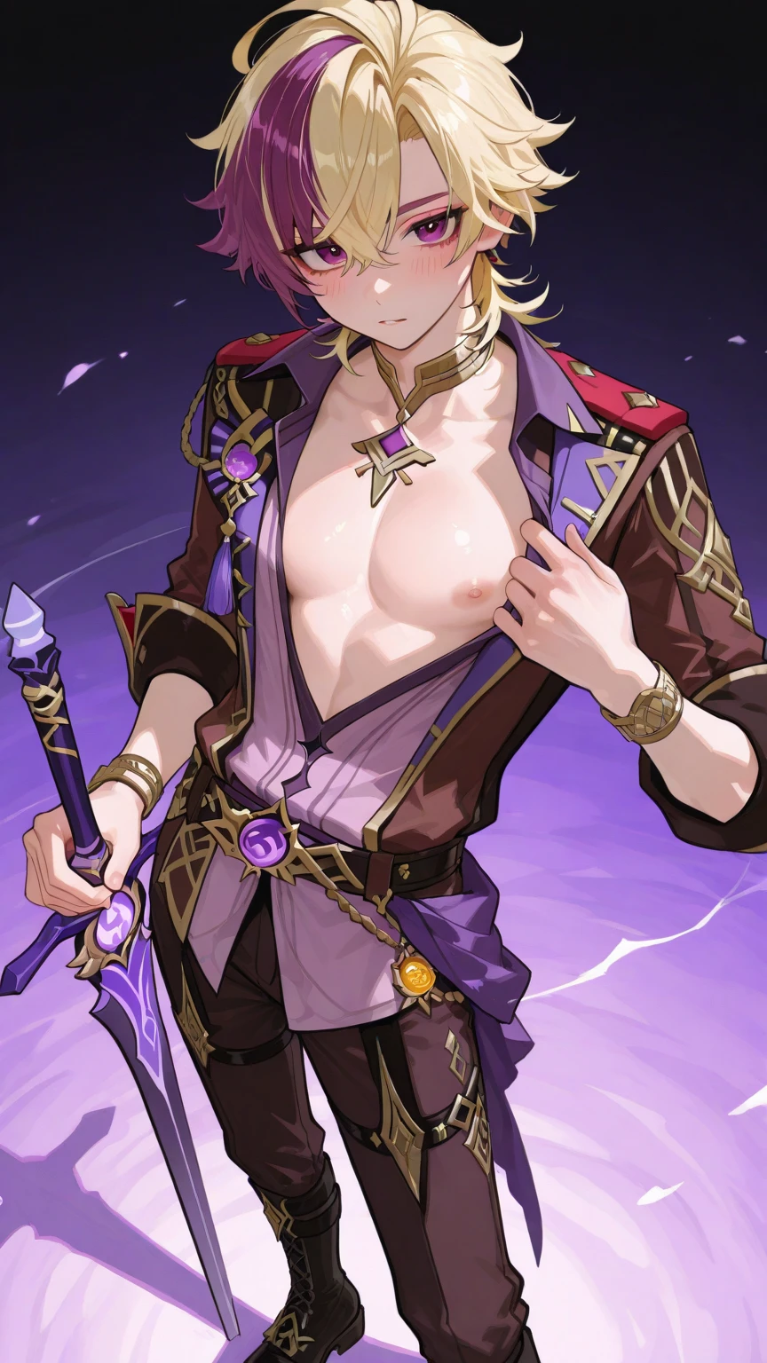 Young guy, long blonde hair, violet eyes, goods maga, open torso, Magic tentacles, purple tattoos, Runes, Masterpiece, hiquality