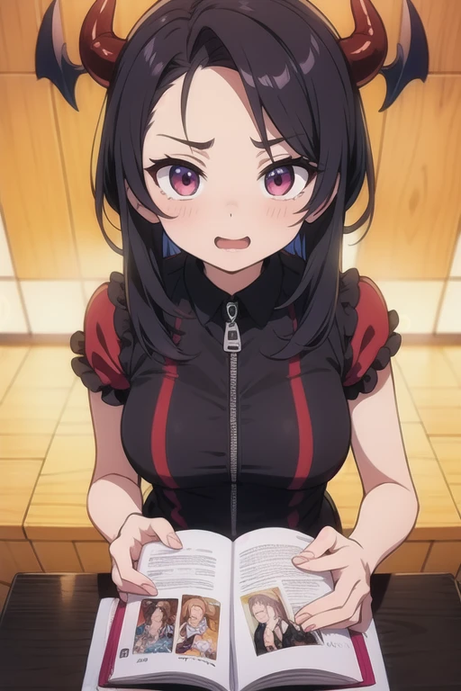 kuwanamaki, black hair with brown highlights, red eyes, baggy sweater, hints of cleavage, happy. grinning, sitting down, from above