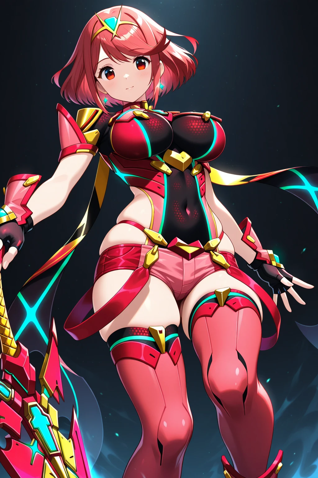 pyra \(xenoblade\), teen_1girl, loli, bangs, black gloves, breasts, red eyes, shout, earrings, eyelashes, fingerless gloves, floating hair, , gem, gloves, hair ornament, headpiece, jewelry, gigantic_breasts, leaning back, swimsuit, neon trim, official art, pose, red hair, saitou masatsugu, short hair, sidelocks, skin tight, solo, swept bangs, thighhighs, tiara, fantasy_town_background, underbust, xenoblade chronicles \(series\), (xenoblade chronicles 2), (spread_legs:1.1), fire_effect,dynamic_pose,fighting,light_smile, (plump:1.1), big_ass,huge_sword, hold_large_sword_hilt, covered_nipples, covered_pussy, fists,ponytail,beautiful_fingers,(solo:1.1), bare_shoulder,(shoulder_naked:1.2), nipple_jewel,back, back_view, focus_ass,ass, very_short＿shorts