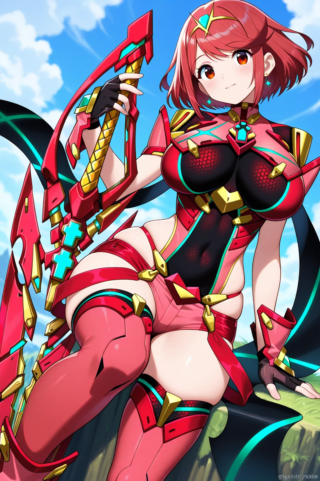pyra \(xenoblade\), teen_1girl, loli, bangs, black gloves, breasts, red eyes, shout, earrings, eyelashes, fingerless gloves, floating hair, , gem, gloves, hair ornament, headpiece, jewelry, big_breasts, leaning back, swimsuit, neon trim, official art, pose, red hair, saitou masatsugu, short hair, sidelocks, skin tight, solo, swept bangs, thighhighs, tiara, fantasy_town_background, underbust, xenoblade chronicles \(series\), (xenoblade chronicles 2), (spread_legs:1.1), fire_effect,dynamic_pose,fighting,light_smile, (plump:1.1), big_ass,huge_sword, hold_large_sword_hilt, covered_nipples, covered_pussy, fists,ponytail,beautiful_fingers,(solo:1.1), bare_shoulder,(shoulder_naked:1.2), nipple_jewel,