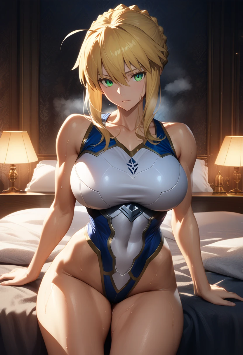 (best quality, highres), portrait, artoria pendragon lancer, adult woman, green eyes, artoriaLancer, braid, crown, turtleneck, cleavage cutout, sleeveless, blue leotard, gauntlets, sit on bed, royal chamber, ultra detailed