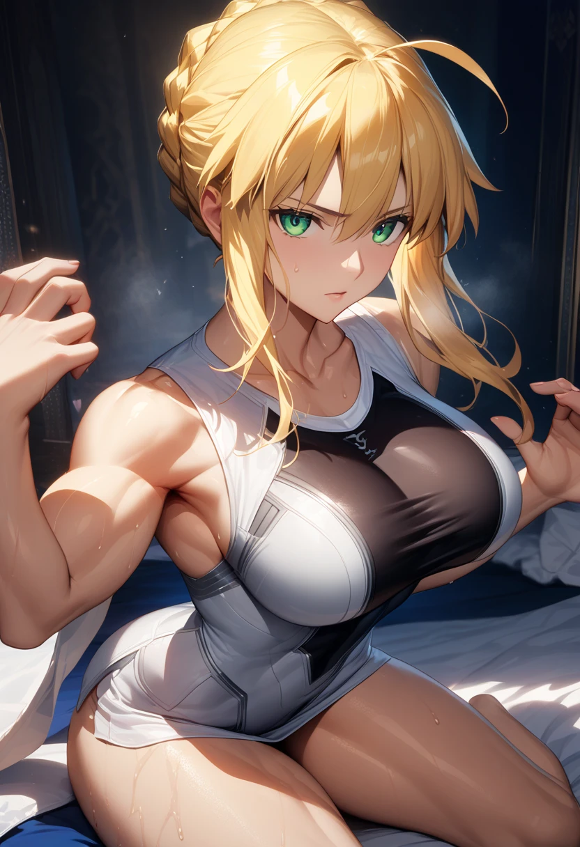 ((masterpiece)), ((best quality)), ((best quality)), (Illustration of One Girl), whole body, 25 years old,, Blonde, ((Muscular body)), (White yoga clothes),, (Very large breasts)),((Grooves reveal original skin))
