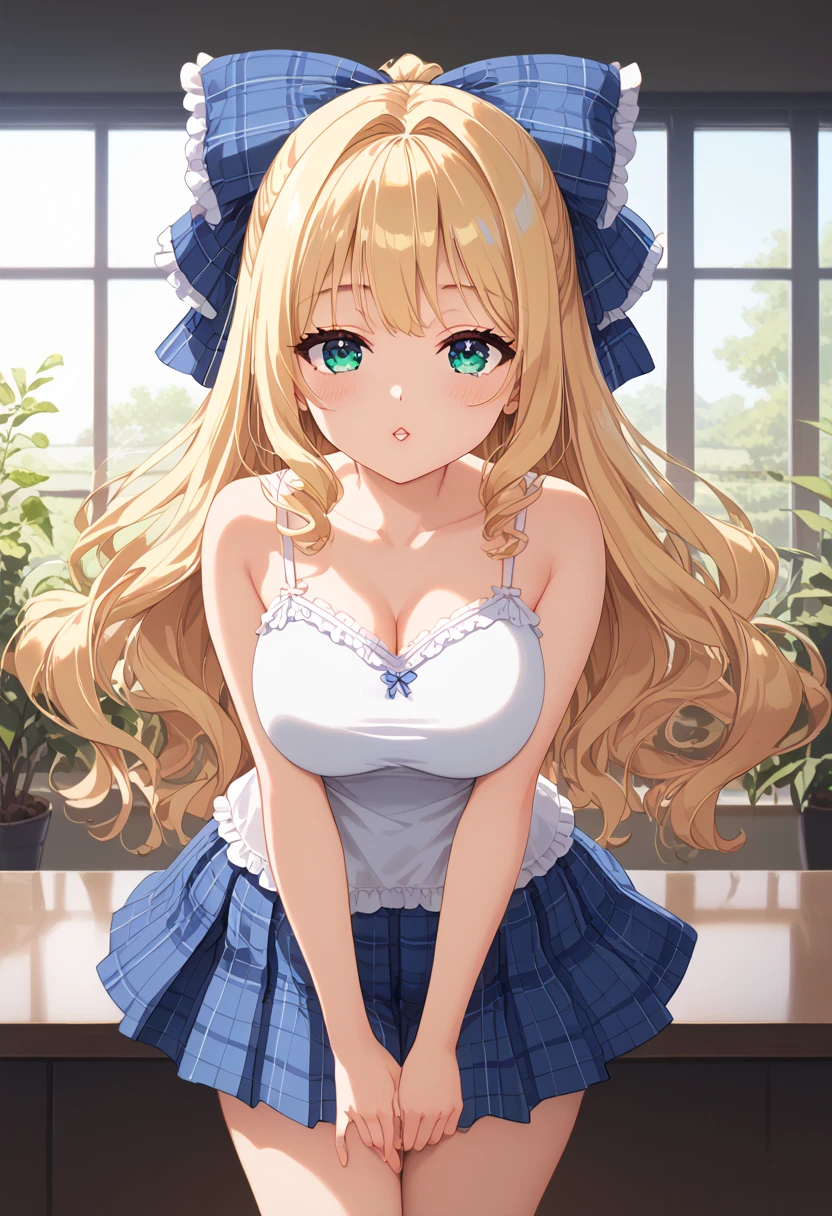 Highest quality,masterpiece,8k,Blonde with blue eyes、camisole、mini skirt,Cleavage,Side are visible,Large Breasts、Twin tails、Girl Brat,