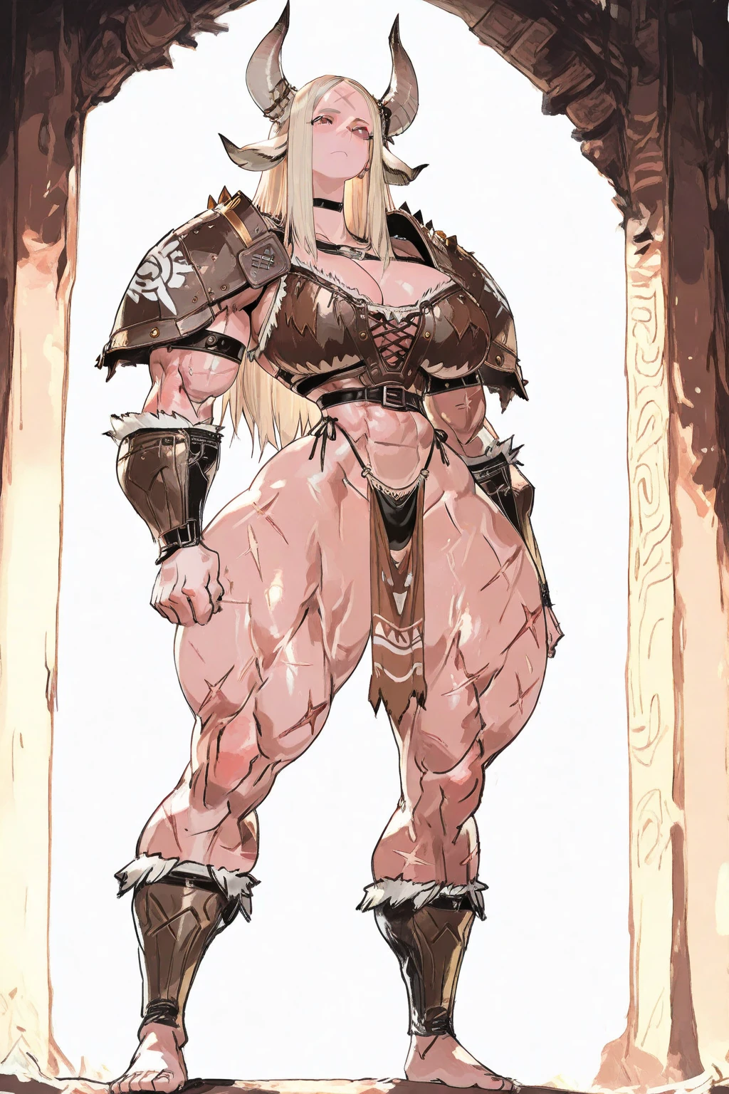 barbarian, muscular female, pink hair, standing, 1character, (huge breasts:1.2), full body, blush