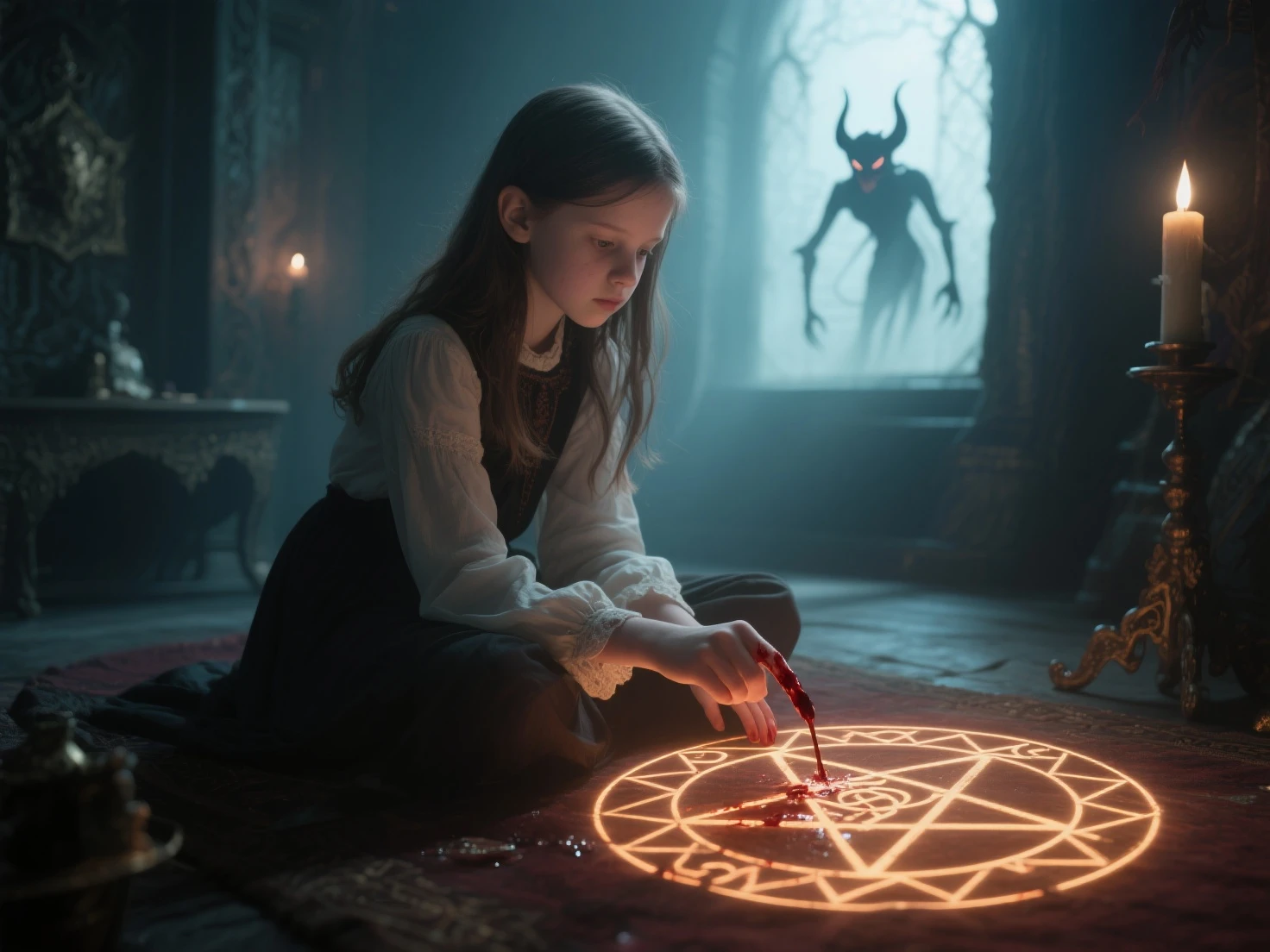 A young girl sitting in a ritual chamber, offering her bleeding finger over a glowing sigil, presence of an unseen demon felt throughout the room, quiet and poetic atmosphere, surreal and beautiful realism