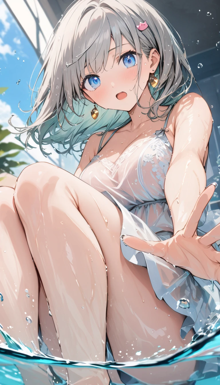 (masterpiece, Highest quality:1.2), One girl, high quality,girl,slender,((Sweaty,steam,burn)),panty,shy,wet panty,Embarrassing,((open legs)),stand up,Wet,girl trembling with sexual climax,((spread legs),Fair skin,sex appeal,dinamic angle,Beautiful feet
