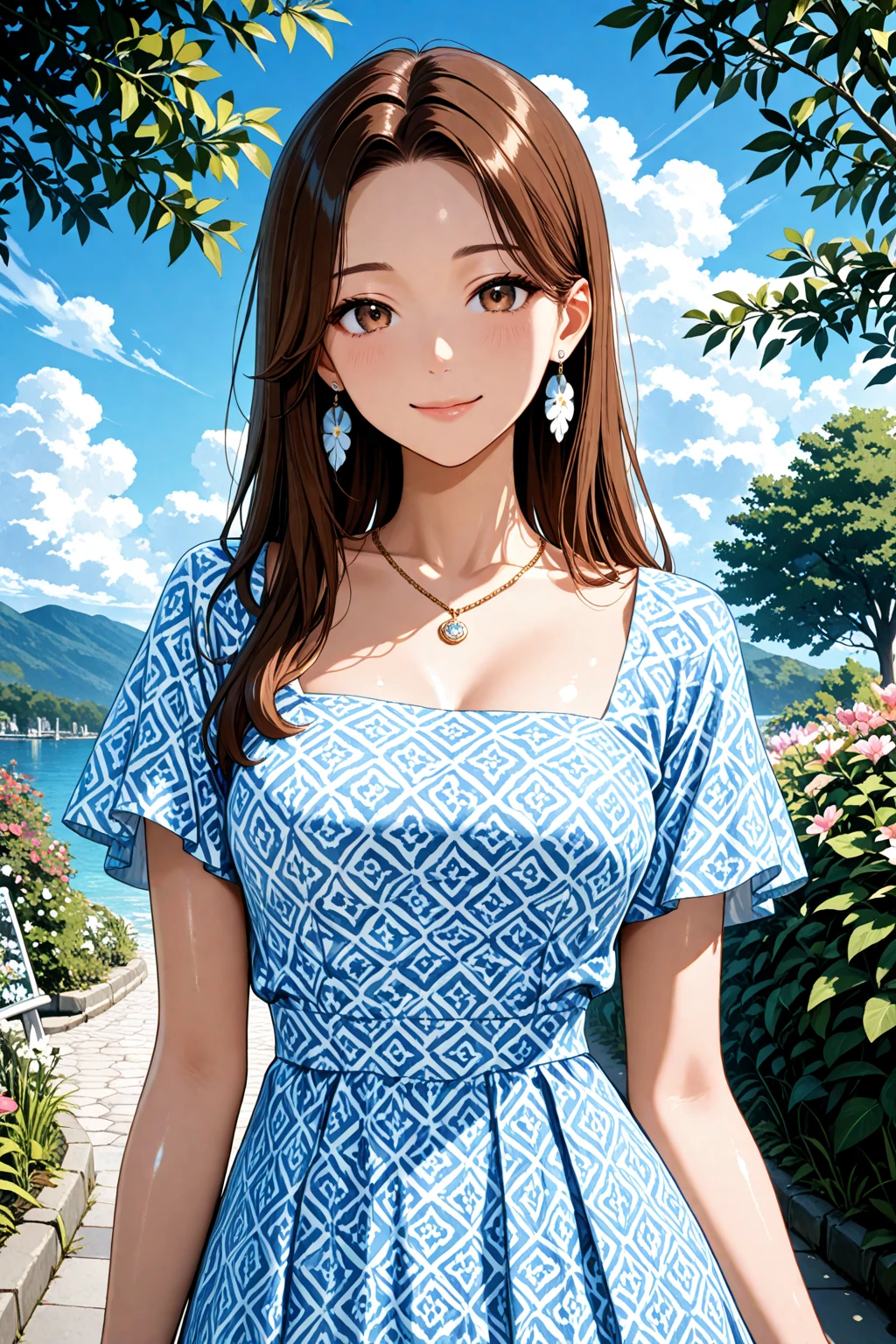 Woman in Greece portrait anime green eyes Nikon camera sunset hour realistic photography Beach House at Greek island animation realistic brown hair