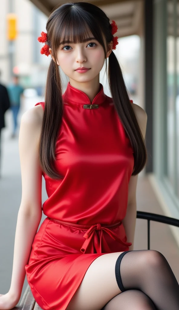Best Images, (8k, RAW Photos, Realistic), A neat and beautiful Japanese woman, Rainbow light brown straight hair, Big, shining blue eyes, Long eyelashes, double eyelid, Half-open crimson seductive moist big thick lips, Big Breasts, Sideboob, Under the chest, Abdominal muscles, thin, Perfect Proportions, whole body, Black ao dai with gold embroidery, Blurred background red、Cowboy Shot
