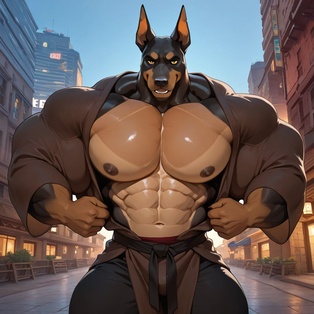 Bara dobermann, white countershade, large hairy pecs, strong physique, tribal tattoos, cyan colored eyes, black sclera, very muscular, perfect anatomy, scars on body, full body view in frame, nipple piercings, solo, masterpiece, sexy pose, manly pose, beard, strong jaw, thick thighs, giant biceps, huge hairy pecs, muscular, smirking, smug expression, macro, tall, incredibly huge, insane height, height difference, insanely tall, 10 thousand foot height, in tiny city, from below angle, lower angle, correct perspective, gentle macro, looking at camera wearing thong, grin, amazing shading, full body, detailed hands, detailed eyes, detailed face, detailed arms,anthro, muscular, abs, (detailed:1.5), male, detailed background, by meesh, by zackary911, by SligarTheTiger