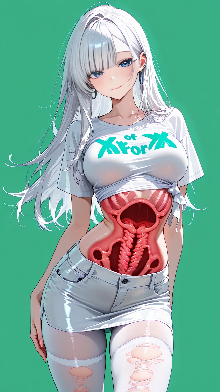 (masterpiece: 1.6, best quality), (beautiful eyes: 1.2), (Elevated), high quality, pretty face, 1 girl, Wide-angle lens, White short midriff-baring top, leather shorts, oversized leather jacket, open shoulders, big , long hair, wide hips, (garden), street, background, 详细background, creepy smile, angled laughter, smokes, sunglasses,pregnant belly,pregnant belly,open your mind