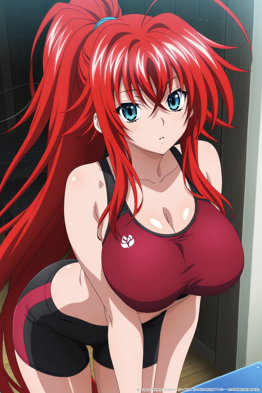 1girl, Rias Gremory, solo, long_hair, red hair, bangs, hair_between_eyes, shiny_hair, ahoge, blue_eyes, High School DXD, large_breasts, swim suit, big , sexy pose, sexy body, perfect figure, hot, ((black micro bikini)), ((bare arms))