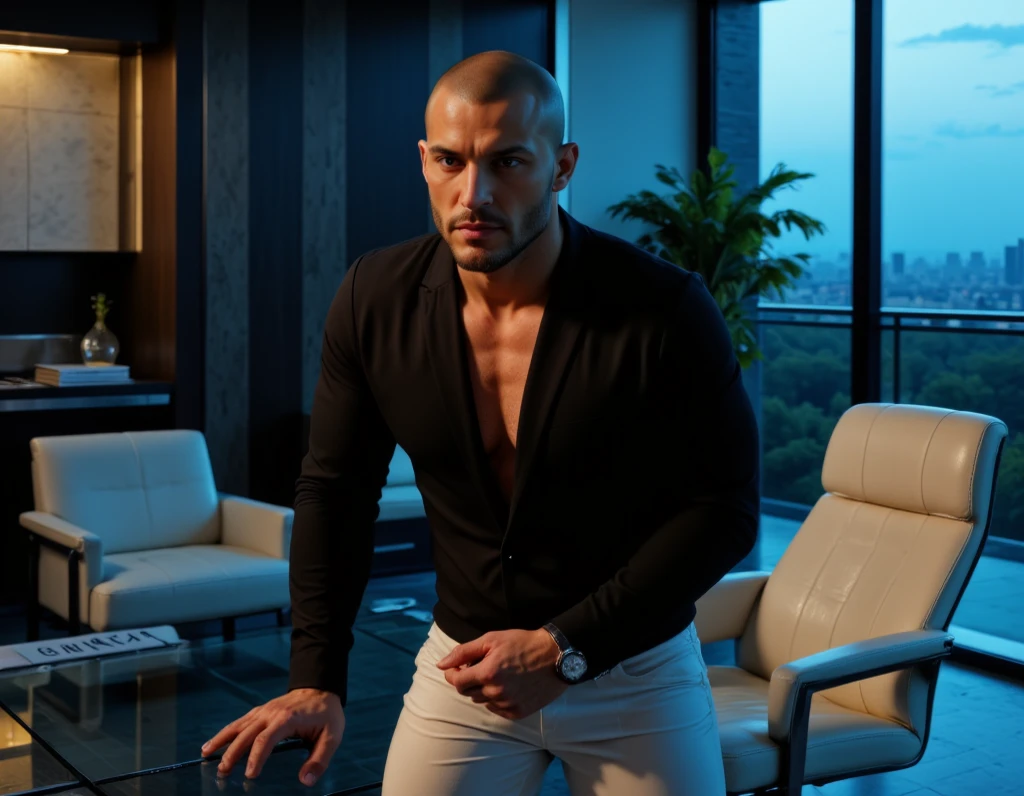 masterpiece, ultra photorealistic, best quality, high resolution, realistic, sharpness, detailed skin pores, real sunlight coming from the windows of luxurious house, 8k, a man, focus on man, bald and muscular man , pale skin, very tall, American face, muscular body like a god, small waist, dressed in a suit and colbata, men's jewelry on his wrist and is sitting in the living room of a luxurious house that has the open windows covered with curtains