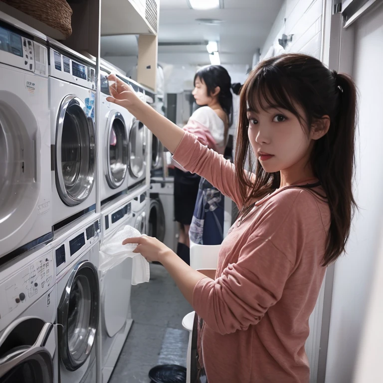 Full color photography、Photorealistic、８k、(1 old broken washing machine、Rusty)、old、Beautiful woman、Naked apron、