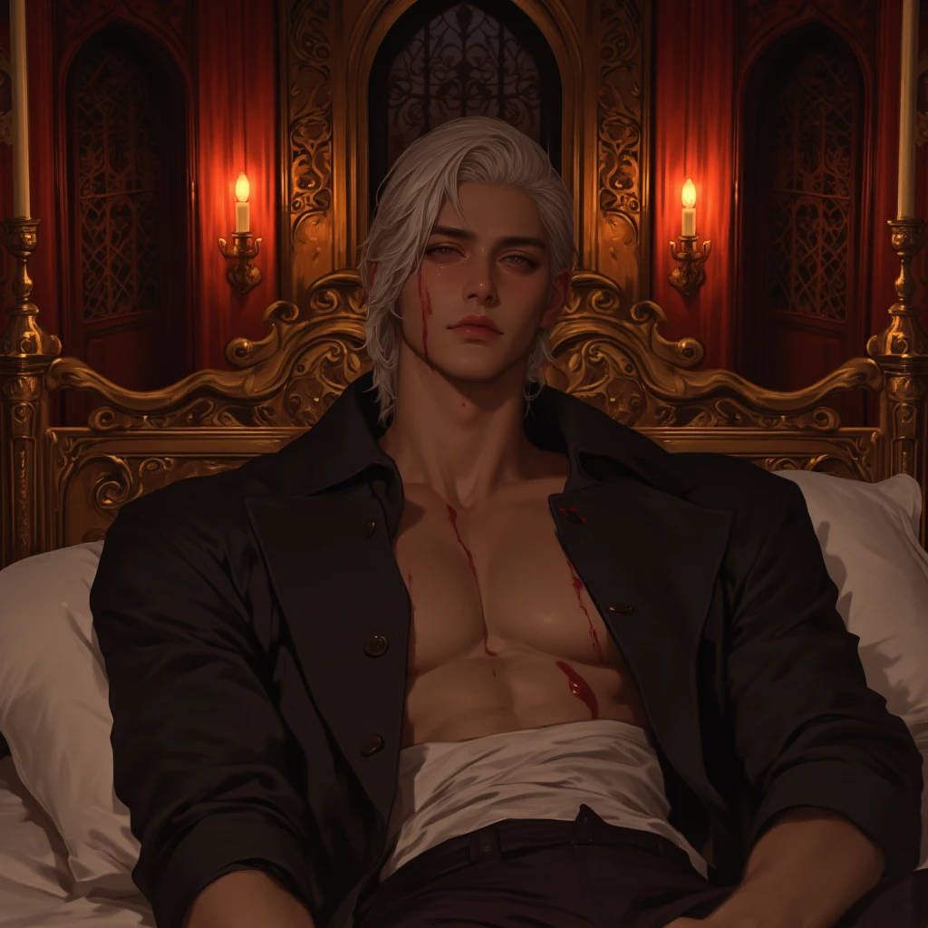 butler,Middle-aged tea,long White hair,musculine,No shirt..,Wearing a black tight skirt..,Sexy white panties,Lying in bed in a mansion.,Spread your legs wide.