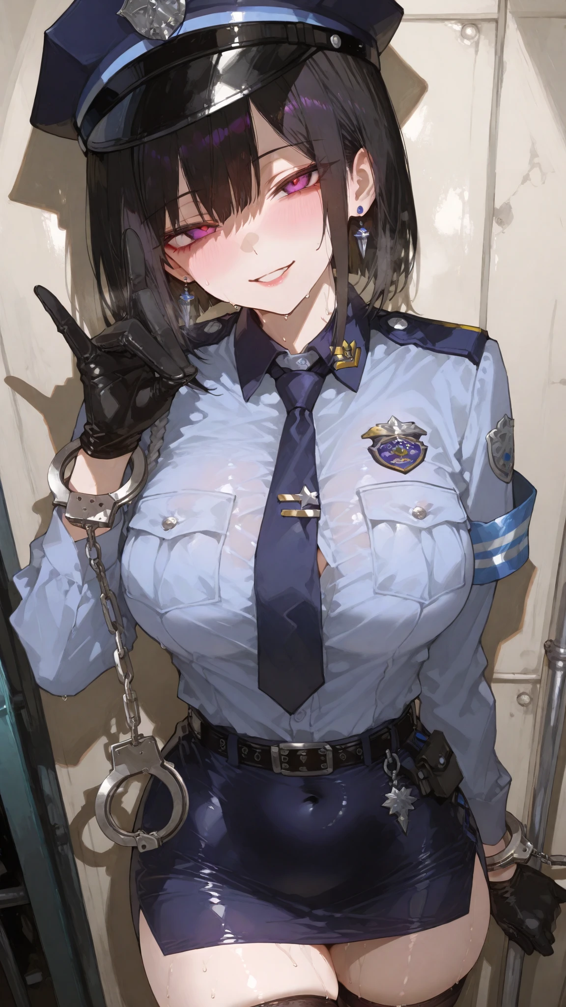 1girl,solo,black eyes, black hair ,long hair, bangs, long hair. (((blindfold, chain leash, animal collar, animal collar connected chain leash, spiked collar, long and holding chain leash))), (((full on all fours, hands on the ground, crawling))), full face blush, sexual ecstasy smile, happy, rape face, fucked silly, vulgarity, ahoge, two legs, both legs, perfect legs, gleaming skin, oil skin, shiny skin, bangs, (((tongue out, long tongue, :q, open mouth, stick out tongue))), full body, naked, nude, nsfw, nipple, sweat skin, seductive smile, open legs, dare body, in heat, perfect proportion, dare legs, extremely long shot, full body, head to toe, wide shot, perfect foots, medium breasts, cleavage, hair band, , masterpiece, best quality, smile, earrings, jacket on shoulders, white shirt, collared shirt, striped, blue necktie, white gloves, white skirt, blue headwear, peaked cap, yellow eyes, knee boots, cross-laced footwear, peaked cap,