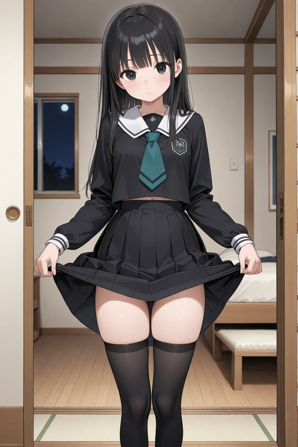 A 14-year-old middle school girl with long black hair wearing a school uniform who lifts up her skirt to reveal white panties.