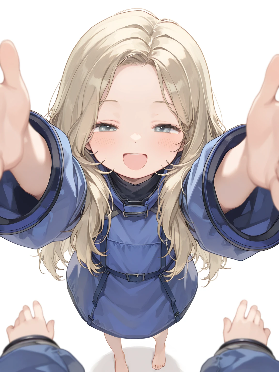 (masterpiece, best quality, good quality), side view, illustration, lovely girl, 1girl, very awa, xdianax, blonde hair, blue eyes, barefoot, (plain white background), (loli), little girl, leaning foward, foreshortening, looking at viewer, depth of field, pov, from above, >_<, happy, open mouth, ><, closed eyes, arms up,  
