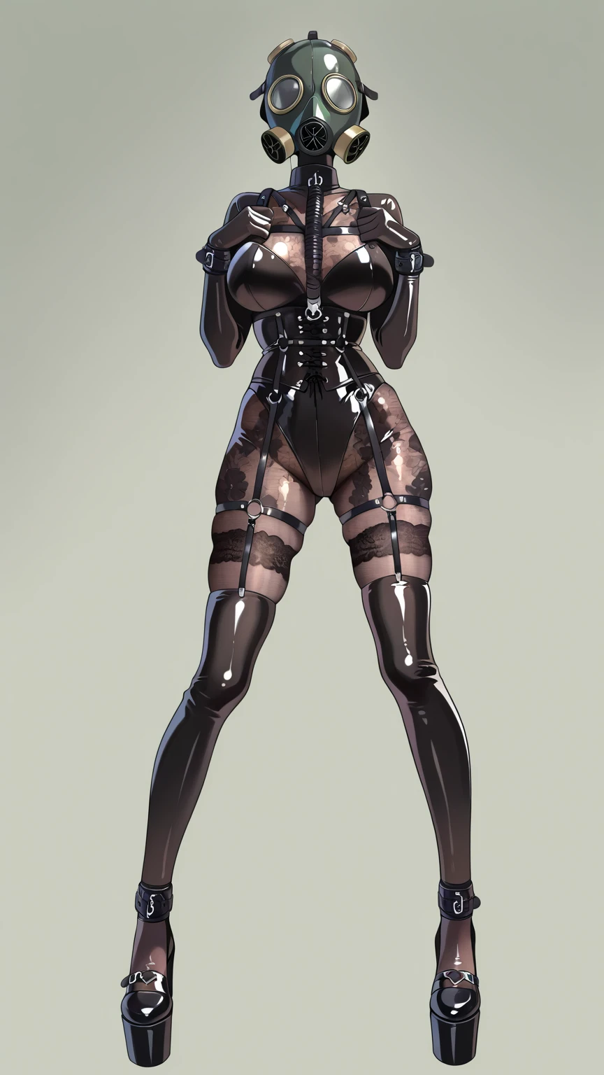 A woman, underwater, gas mask, eye patch, black latex tights, elbow long gloves, latex over-the-knee socks, high heels, full body, UHD, masterpiece, super detail, best quality, anatomically correct, gray background, from below