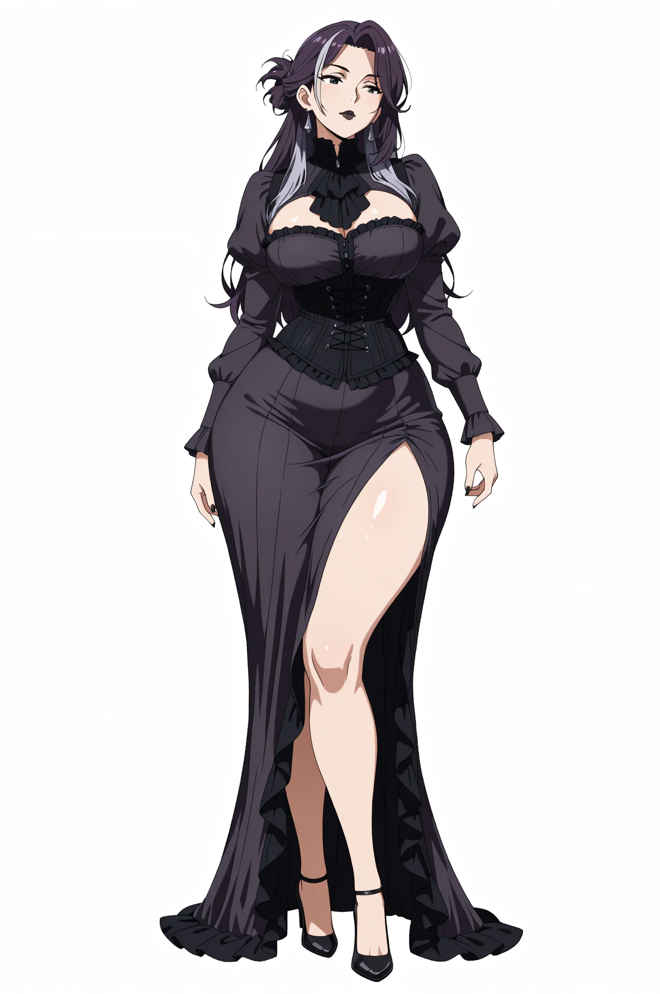 tall　Long Hair　Slanted Eyes　Big Breasts　black tights　whole body　Inner color red　High heels　front　Character portrait　Are standing　sexy　older sister　Party Dresses　See-through long skirt