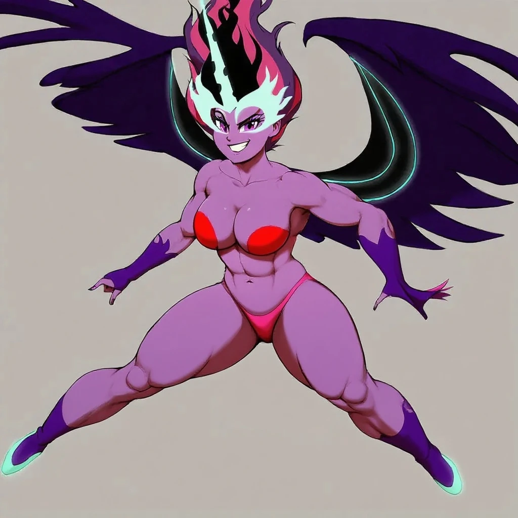 1girl,mature female,30s,sensual,black langerie,cleavage,medusa hair,pointy ears,black hair,long hair,((red skin,colored skin)),night,moon,floating,evil smile,dynamic pose,demon girl
