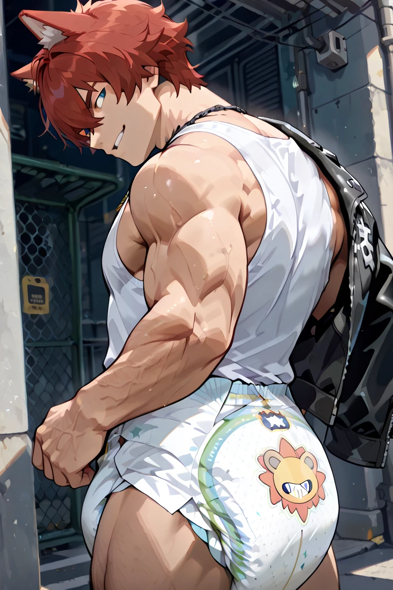nappa, male focus, solo,cowboy shot, 1boy, bald, nipples, muscular male, abs,black vambraces, veins, pectorals, thighs, black eyes, topless male, mustache, (( transparency Briefs )) , tail around waist,  (best quality, masterpiece) , stripclub , full body , black boots , backside , ass