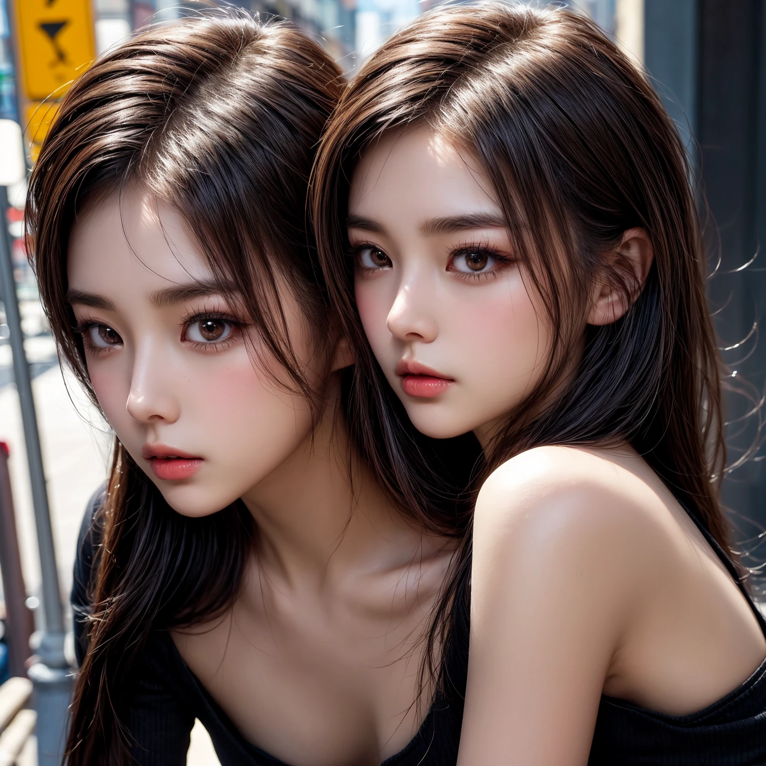 Two people facing each other face to face、Two people hugging each other tightly、Both of them stare intently at the camera、Lesbian couple、Lily couple、((Kissing on the cheek))、Two pretty and pretty girls、masterpiece、top-quality、realisticlying、realisitic、Seductive bright smile、Both of them have short clean hair with bangs、clean hair with bangs、off shoulders、Sleeveless、enticing eyes、Both have big breasts、large full breasts、(cleavage of the breast)、(Immaculate white background with nothing really)、(24 year old)、highly-detailing、tall、neck long、Straighten your back、Put your ears out、Highlights in the eyes、lipgloss、glowy skin、White-colored skin、Clean collarbone、closes mouth、Happily、Nice proportions、lovely、Charming and endearing、Randomly colored attire