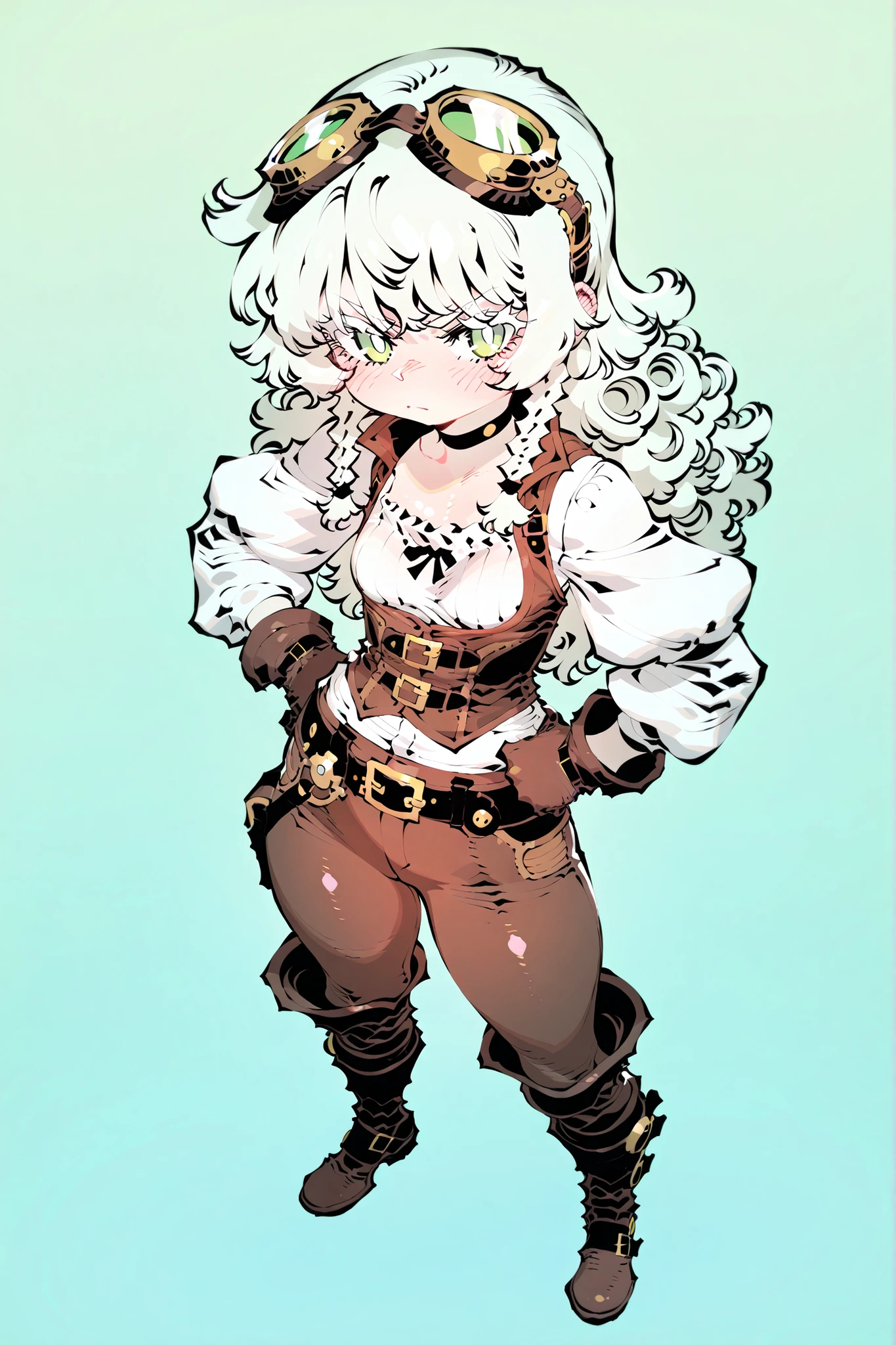 Tiny Loli, white messy long curly hair,white eyelashes,curvy body,small breasts,light green eyes,simple flat green background,top view,full body,soft body,serious expreesion,shy,angry look,eyes looking to right,ssambatea artstyle,black pupils,highly detailed eyebrows,smooth skin,blush,shirt,gloves,standing,white shirt, boots,choker,brown pants,belt,brown gloves,brown vest,puffy sleeves, puffy,puffy shoulders, right hand on hip,goggles,goggles on head,steampunk,braid, pantyhose, brown footwear