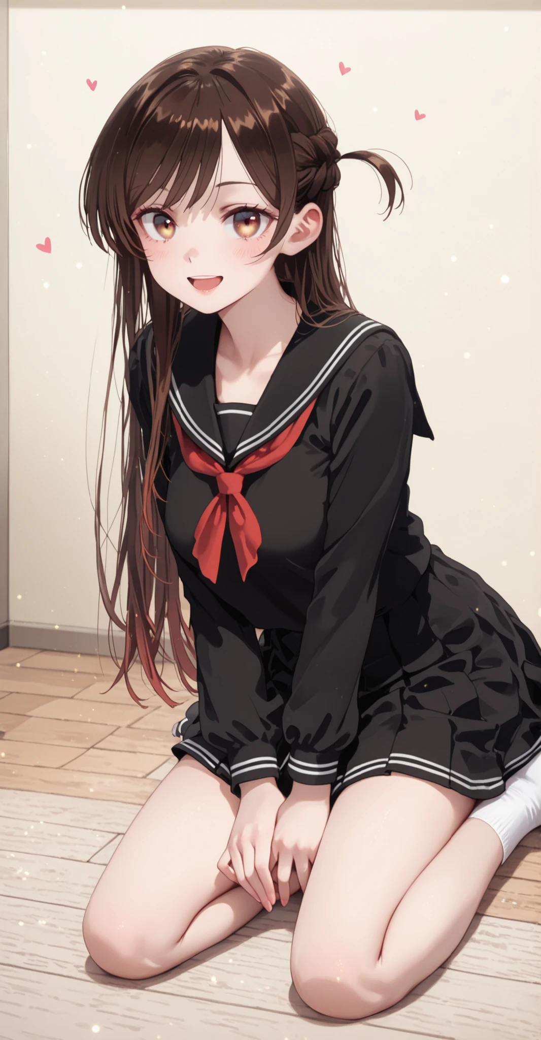 volumetric lighting:1.3,facing the front:1.3,Newest,masterpiece,ultra fine,High Quality,masterpiece,Brown Hair,Light yellow and dark brown gradation eyes,straight hair、long hair.(sailor uniform:1.3), heart hand,Slender,E cup:1.3,(open mouth:1.4),beautiful woman:1.5,(Happiness Smile:1.4),(maid cafe),Mizuhara Chizuru,art station:1.6,Sexy women,detail hands:1.3,one punch man