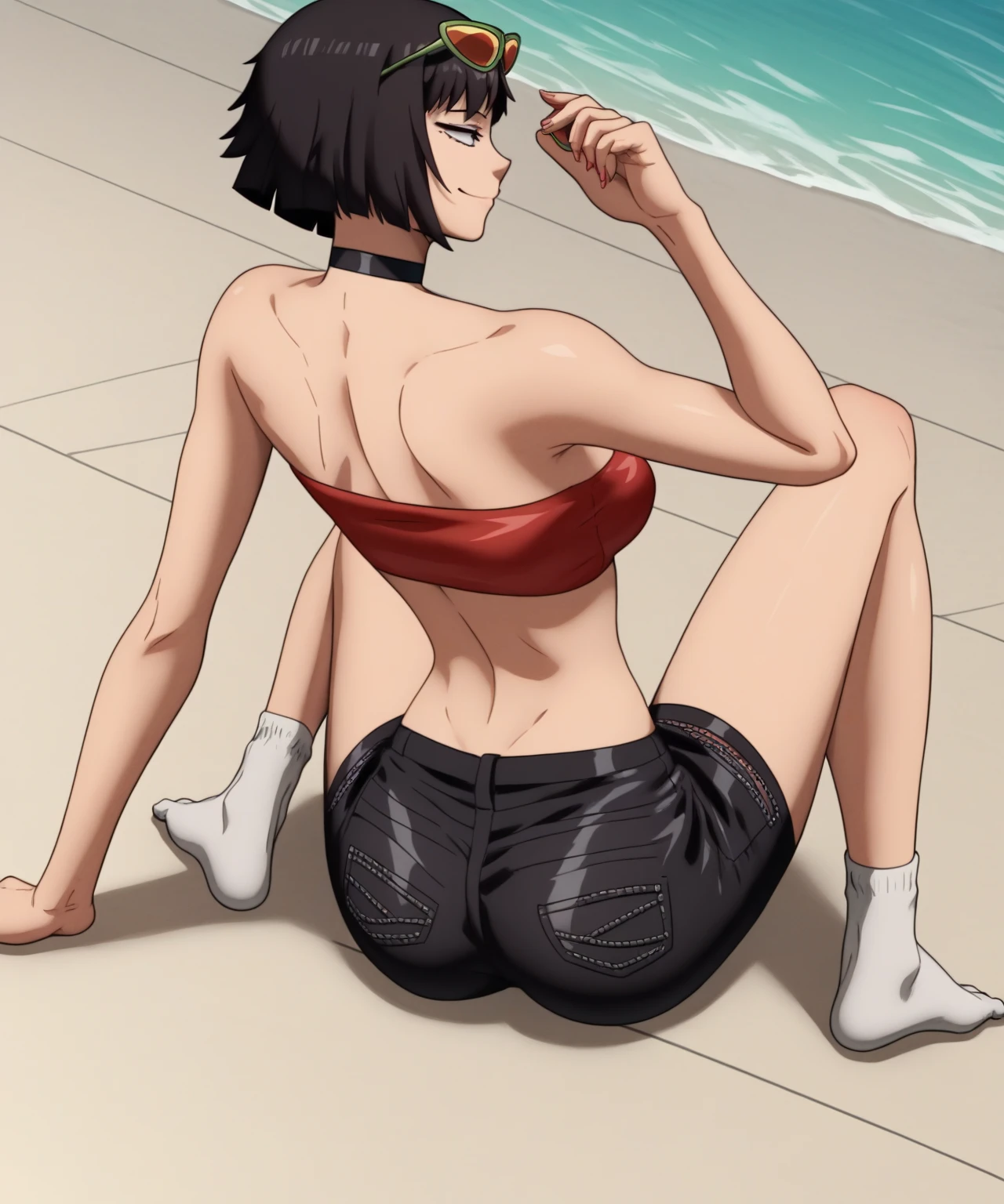 1 girl, narrow waist, sexy hips, wearing only black bra and black underwear, in the beach, laying under the sun with sunscreen on, sleeping with her sunglasses on, full body view, masterpiece, HD, no blurring, perfect, smooth