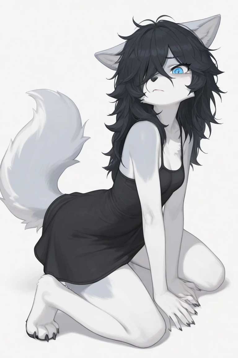 Solo, score_9,score_8_up,score_7_up, kemono style,  a young nerdy Anthro furry wolf woman, wolf snout, white furry body, tall, long black messy hair, black hair, hair in a pony tail, hair covering one eye, white wolf tail, blue eyes, white wolf ears, white wolf tail, small breasts, naked, standing, rear view