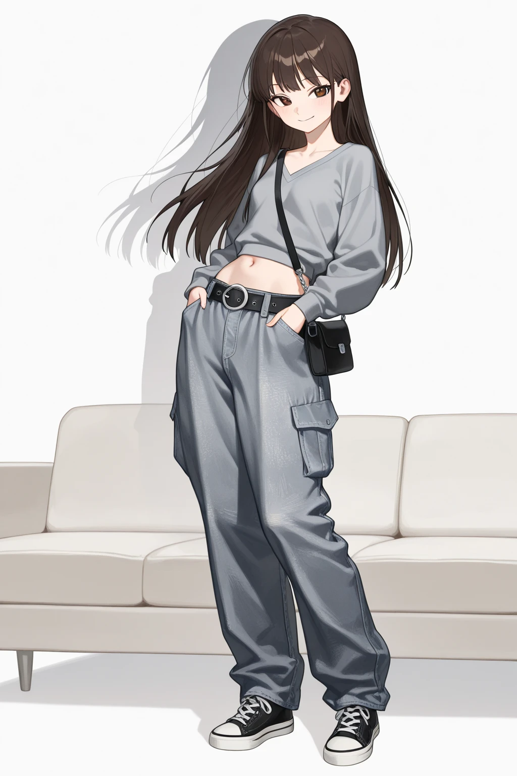 Woman sitting on chair in black top and jeans, Baggy pants, dressed with long fluent clothes, wearing a long flowy fabric, casual clothing style, Acid cleaning layer, wearing a baggy, multilayered outfit, Silver and muted colors, Relaxed style, grey Clothes, Pants, baggy, Gray skin. grunge, Styling