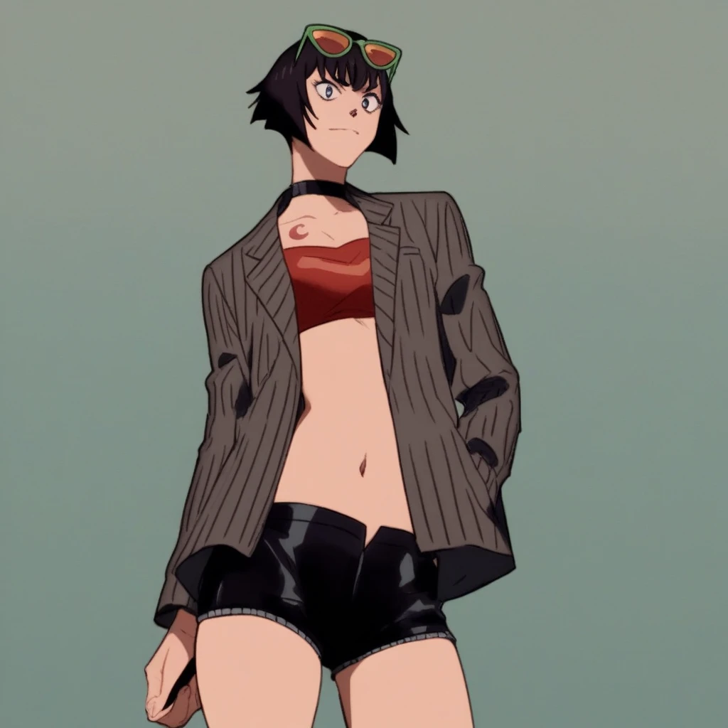 rating_explicit, lady (from devil may cry 5:1.1), black short hair, green eyes, perfect face, black bra, white jacket, naughy smile, sunglasses, black short, black thong panties