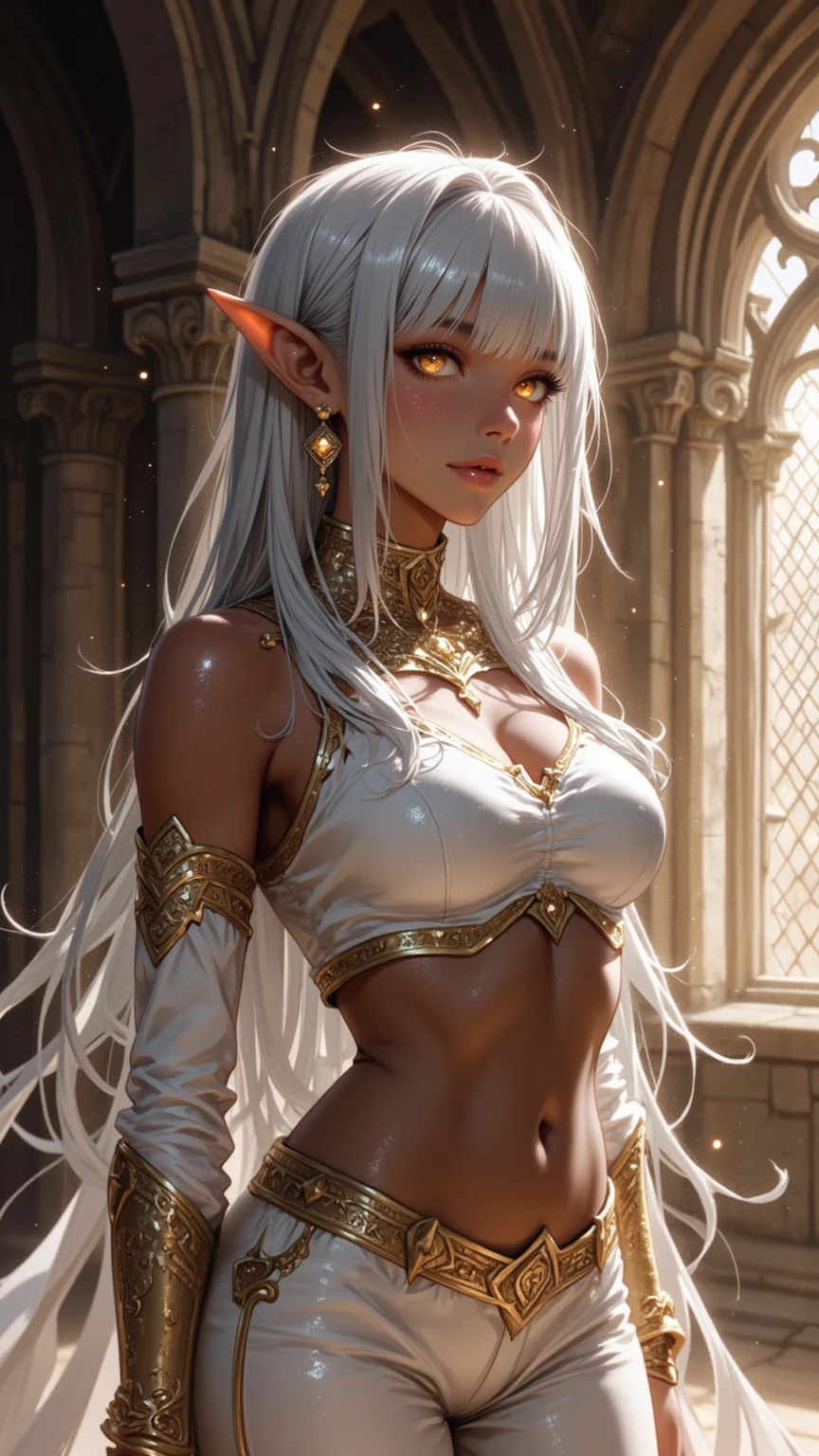 nsfw,((shibari)((arm behind back)),(((fully tied up))(pillory)),(Fidelity: 1.8), Marble statue of Venus, goddess of love, decorated with silver ornaments, masterpiece, Top quality, (Perfect face:1.1) , (High detail:1.1), Dramatic , Female triplets, Breasts, White hair, Blue eyes, Elf, cleavage, long hair, curvaceous, sexuality, big, moon, see-through, night, dress, thighs, navel, white dress, sheer with copious sweat, laced choker, bare shoulders, wide hips, thick thighs, lips, covered, laced robes, pelvic curtains, laced pelvic curtains, toned pelvis, toned hips, milky hips, navel piercing, body piercing, Huge chest, muscles, big biceps, thigh muscles, see-through miniskirt, shorts down to the knees, skirt open, white garter belt, white heels, white sandals, body piercings, Asuna waist, neck chain, devil's castle, detailed background, art by Artgerm and Greg Rutkowski, movie lighting