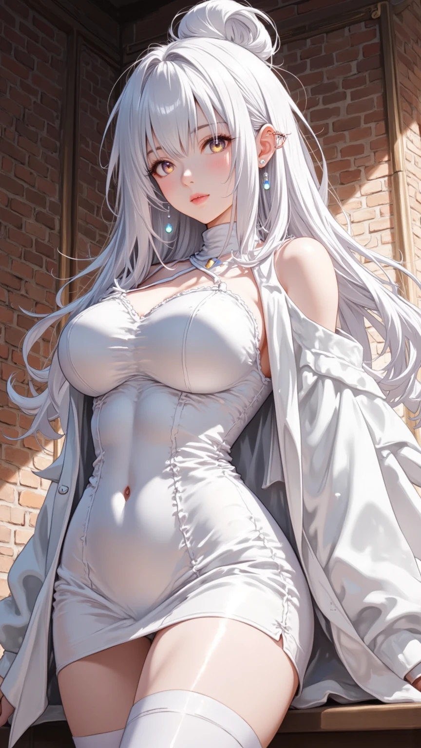 1girl, {Solitary}, Upper Body ,{{ {Watching at viewer}}}, Arms at your sides, Concept Art, white Background, simple Background, White hair, Silver gradient hair , Composite cloth, Virtual YouTuber, best quality, masterpiece, Dynamic Angle, Watching_Back, grab, girl,Miss,woman, young,20 years old, Very long hair, Hair Flip, Silver Hair, Flowing hair, Ahog, giggle, Beautiful and delicate golden eyes, teeth, Large Breasts, Blonde eyes, White skin,, Black_shorts, Gray clothes, transparent_Background, Backlighting, absurd, high resolution, Extremely detailed,sweater,No pants，Nice thigh root