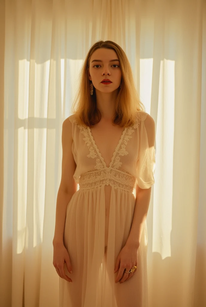 A raw, unedited photograph, taken with a low-quality cell phone camera, a candid photo of a 23-year-old woman, looks like as Ellie Bamber, with striking features, beautiful full lips, shy look, youthful appearance, light brown long hair, bathed in warm natural light. The delicate curves of her body are portrayed faithfully, you can see her delicate body in detail. She is sitting near the balcony of her apartment, the style resembles a boudoir shoot. Agfa 4 0 0 color film, adjusted composition, beautiful framing lifestyle photography, candid, realistic, epic realism,l1vvydunne,SergeyProkudinGorsky