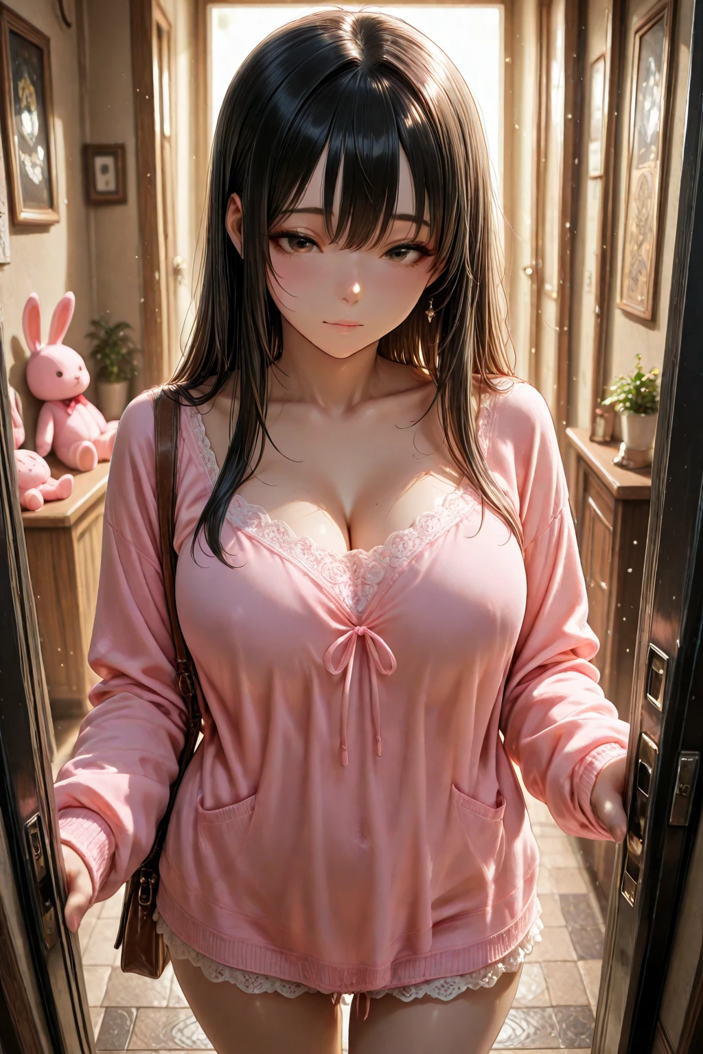(anime, masterpiece, highres, best quality, ultra detailed, detailed background:1.2), 1girl, long brown hair, wide ponytail, brown eyes, pale skin, large sagging breasts, semi-rimless eyewear, bedroom, morning, window, pink curtains, bed, pink bed sheet, on bed, on stomach, pink pajamas, light smile, hanging breasts,