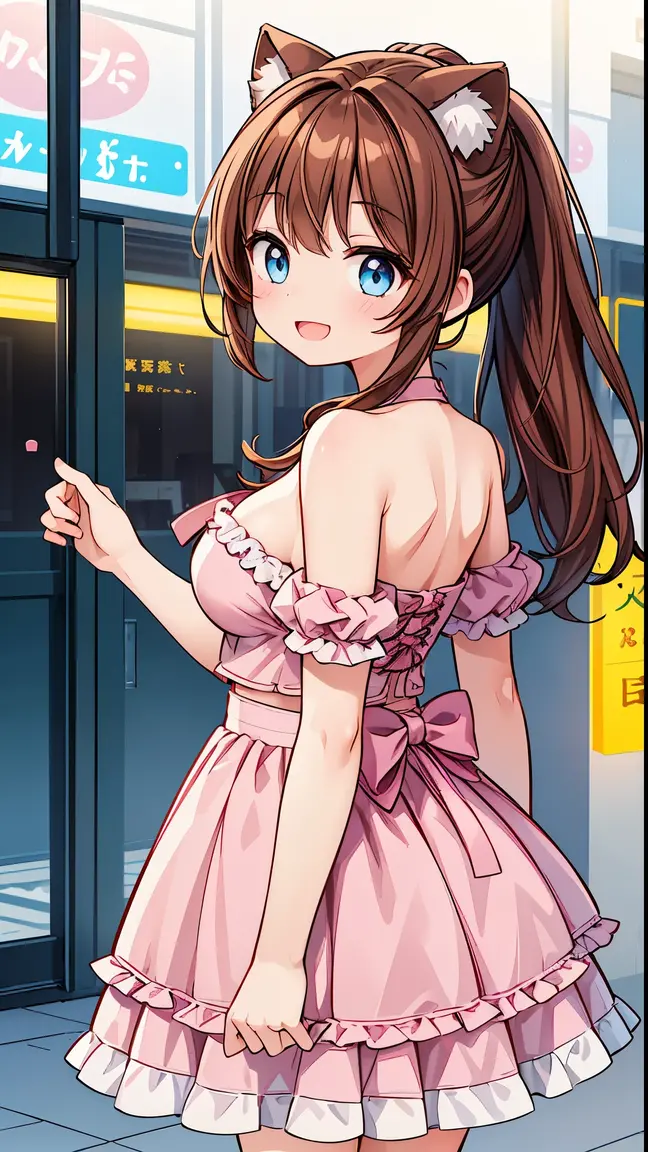 (masterpiece, top quality, best quality, official art, beautiful and aesthetic:1.2),ultra-detailed,intricate details,amazing illustration,award-winning art,atmospheric, 
BREAK,  1 beautiful girl, (17 years old girl),Solo,(Cute:1.5),(Chibi:0.6),(kawaii:1.5),(Lori:0.5),BREAK,1 beautiful girl, (17 years old girl), Very detailed, colourfull, highest details, BREAK, (Huge breasts: 1. 2), Clear skin, Beautiful skin, Shy skin, 1 beautiful girl, (Brown hair:1.75), (Cat ears, Ponytail, medium-Long hair: 1. 2), (Light blue eyes, long eyelashes, Double eyelids: 1. 2),Solo,gleaming skin, Clear skin, Beautiful skin,(best quality face),(Top quality glowing eyes),(The best smile,:D:1.45), nose blush, sleepy, grin, open mouth, 
BREAK, (pink and white theme:1.5), (fake pink cat ears:1.4), (tweed pink strapless short camisole with lace-up:1.4), ((bare shoulder, navel, bare belly):1.3), (shoulder strap with ruffles:1.4), (tweed micro pink tiered skirt with ruffles:1.4), (white pantyhose:1.2), (pink choker with bell:1.3), (earrings with bell:1.2), (pink heeled pumps:1.1),BREAK


train,station,(a girl), platform, snow, (coat:1.1),Yamanote line, (school uniform:1.2), 
 BREAK,wakame,wakame,wakame,(from behind,Cowboy Shot:1.4),

BREAK,(Blurry background:1.3),(absurderes, hight resolution, Super Detail Art),cel shading,Clear Color, Lonely optical effect, Beautiful pictures, Bright glow, mystic atmosphere,(Close-up of girl:1.1), Mystical light particle effect,manga influence, clean line drawings,