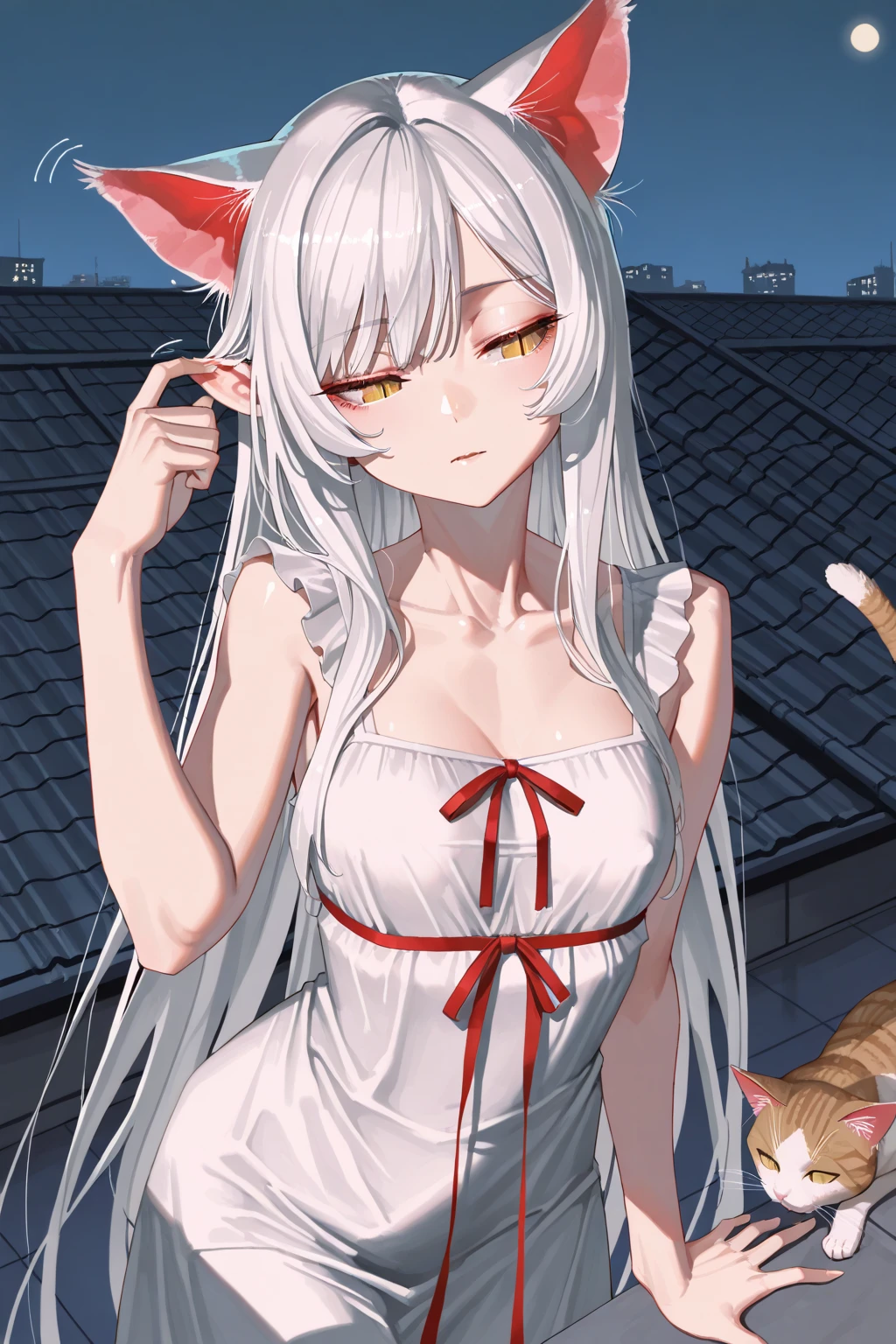 (masterpiece:1.4) ,(best quality:1),, superrelism , hyperrealism, 8k , superfine resolution, incredibly detailed illustration ,night scenery ,camisole, looking at viewer <lora:kokona_test:1> animal ears, looking at viewer, solo, small breasts, simple background, animal ear fluff, cat ears , cat pupils , slit pupils ,