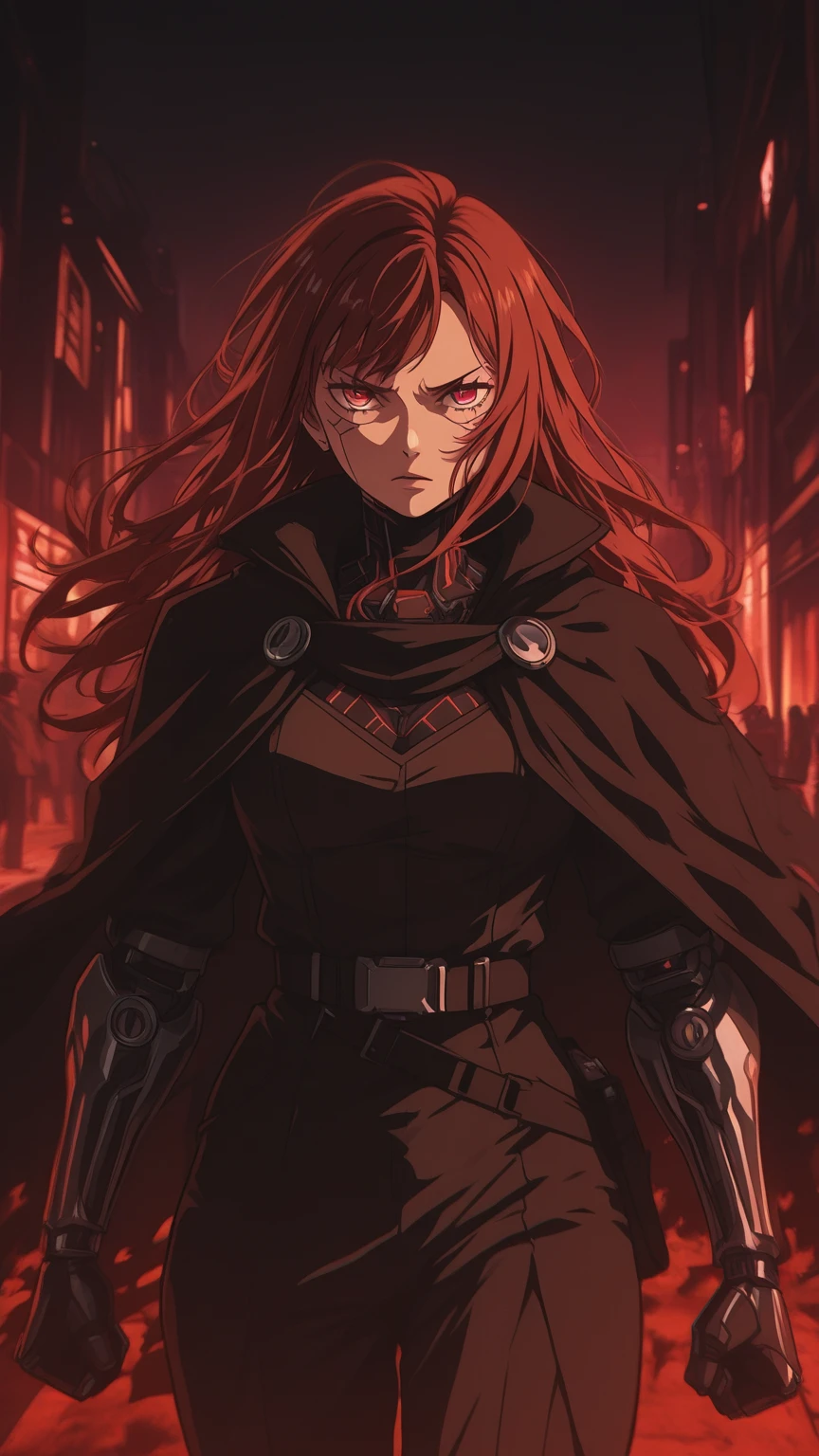 {{portrait, dutch angle}} {{Artist: Sincos}} 1male, solo, toned male, red hair, flowing hair, long hair, red eyes, lips, black sci-fi armour with, black cape, angry, outdoors, city, looking at viewer, standing, fog, modern day, superhero day, blood on face