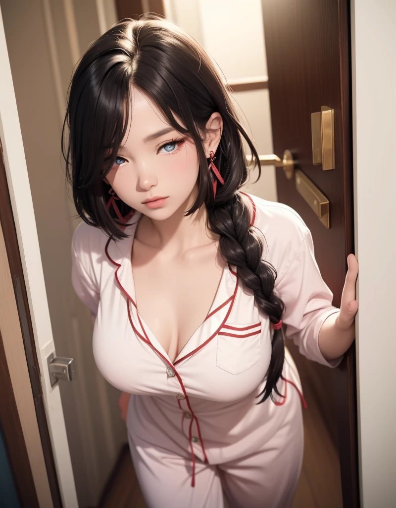 Masterpiece, Super detailed, ultra high resolution, (Real and lifelike photos: 1.37), light color、detailなパンティーパターン、focus、HD RAW color photography, extremely delicate and beautiful, 非常にdetail, 8k wallpaper, Astonishing, (8k, original photography, top quality, Masterpiece: 1.2), detail, 非常にdetailな目, 非常にdetailな肌, 非常にdetailな指, h非常にdetail nose, 非常にdetailな口, perfect anatomy,1 girl in, vague, vague background, Blurred foreground, blush, braid, huge山雀, depth of field, Eyebrows visible through hair, hair between eyes,short hair,alone, huge 、nogizaka idol、korean idol、Posing like a gravure idol、18 years old adult female、High,korean idol、nogizaka idol、Posing like a gravure idol、(((pink nurse uniform:1.3)))、Black stockings highlight your temperament、open cleavage,((big breasts:1.4))、G cup slim figure、Model diagram、model standing、Alaphid Asian woman in pink dress sitting on bed, korean girl, beautiful asian girl, Soft portrait shots 8k, 年輕cute korean face, With cute doting eyes, girl cute and delicate face, Very beautiful and cute Catwoman, Beautiful young Korean woman, Young cute asian face, Gorgeous Chinese model, Beautiful Korean woman, cute korean face